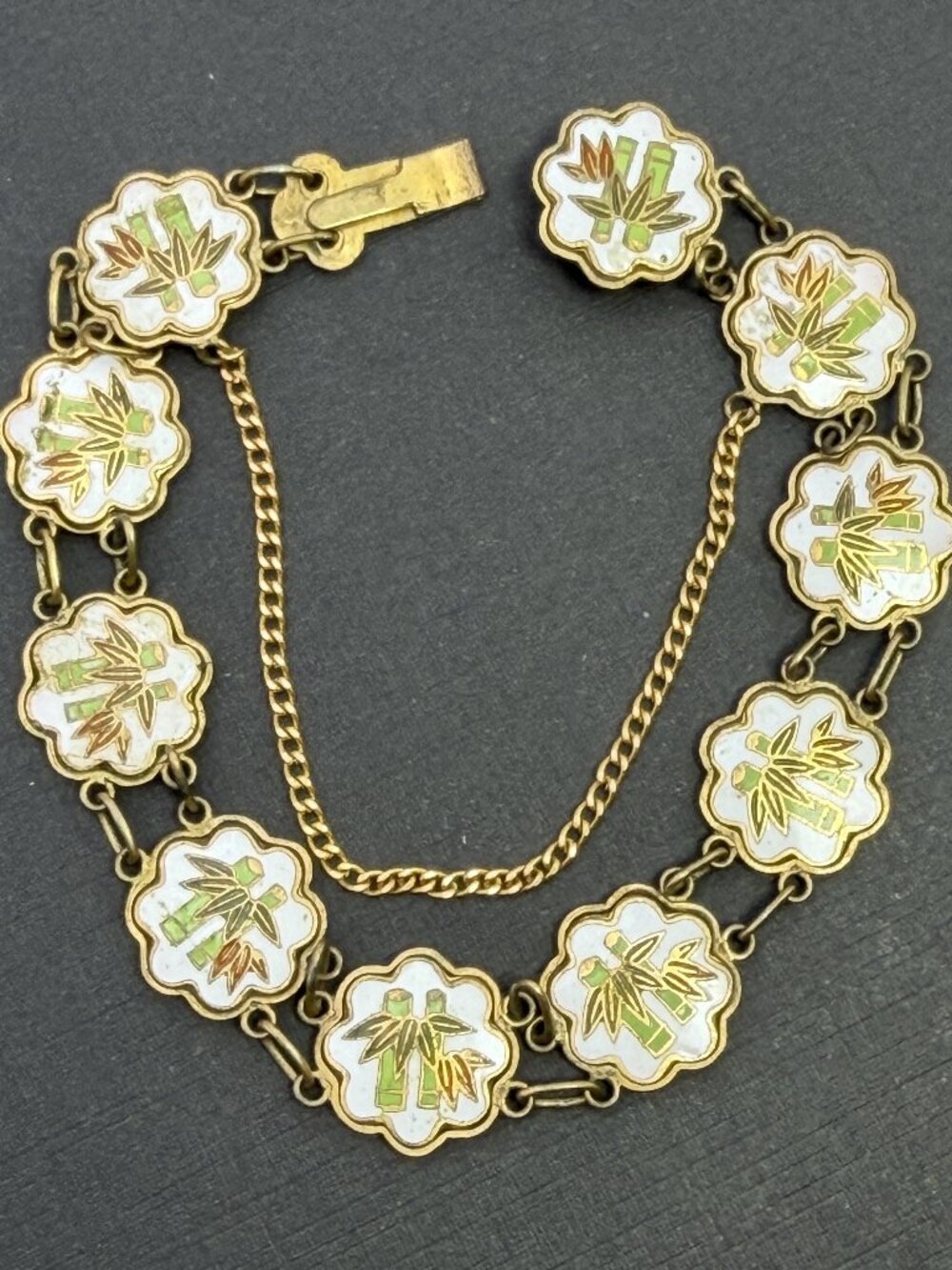 Vintage Mid-Century Japanese Cloisonne Enamel Lucky Bamboo Panel Link Bracelet